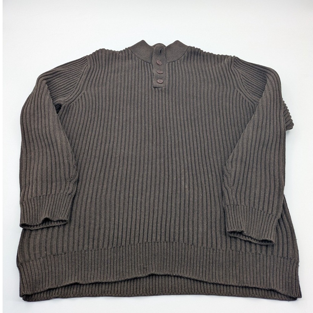 L.L. Bean Men's Olive Green Heavy Ribbed‎ Cotton Henley Sweater Large Tall